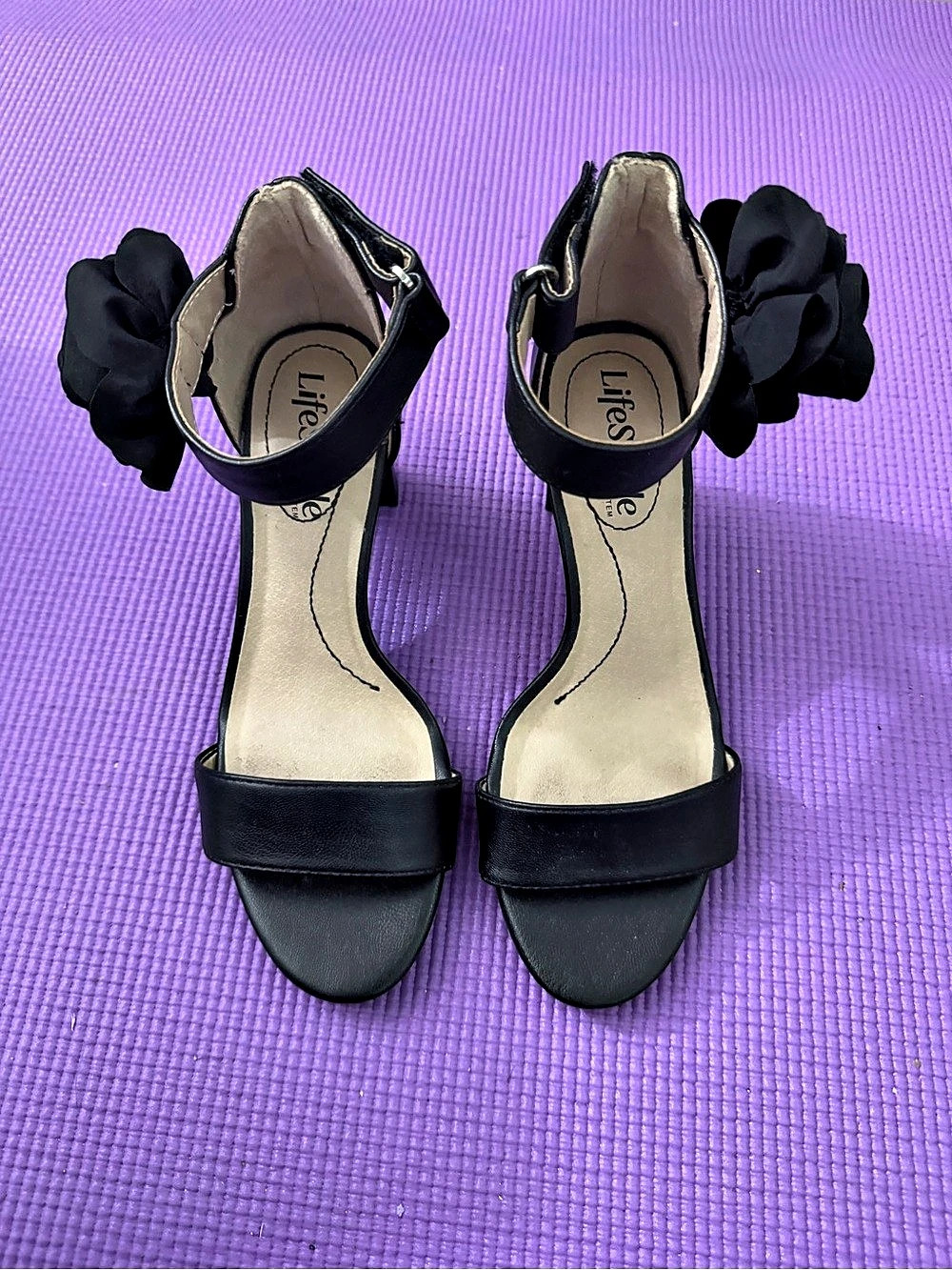 LifeStride Black Floral Ankle Strap Heels
